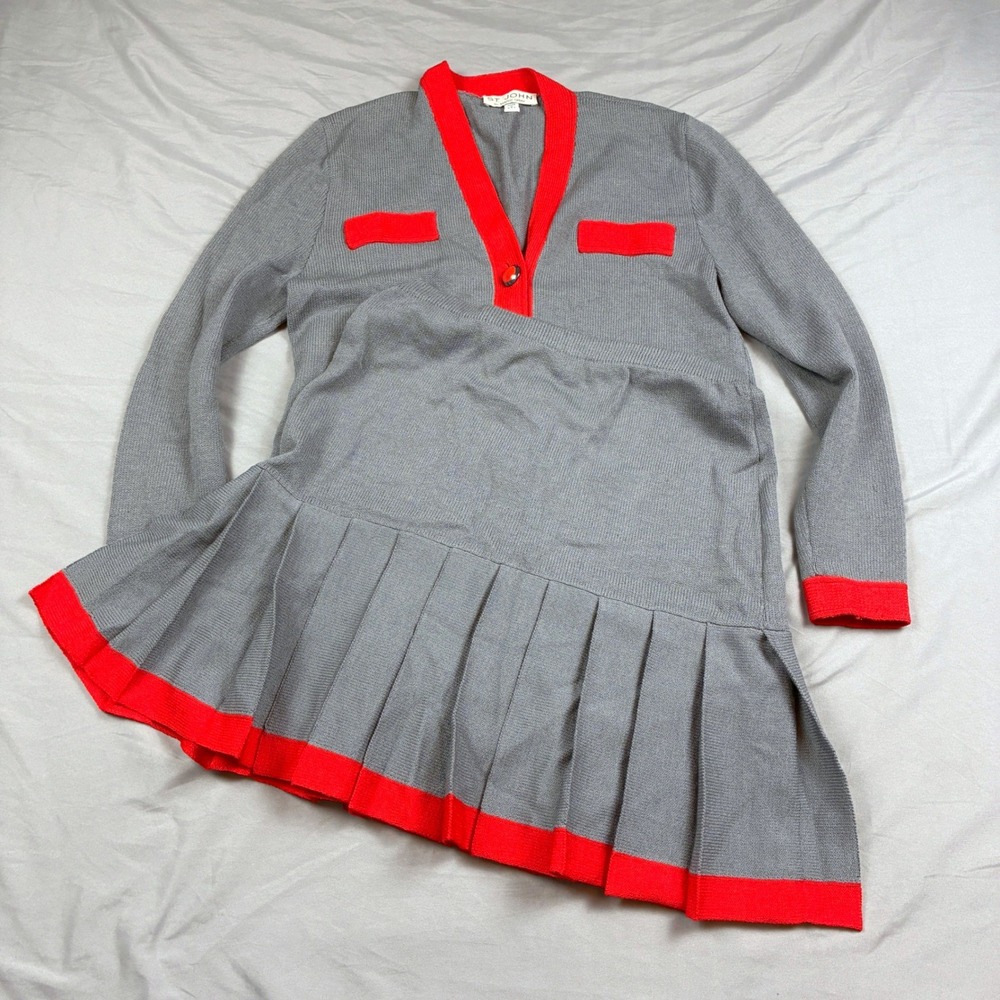 St. John Marie Gray Santana Knit Skirt Suit 8 Gray Red Contrast Trim VTG USA